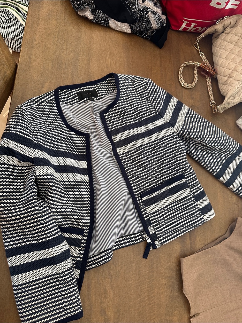 J. Crew Navy and White Striped Knit Blazer
